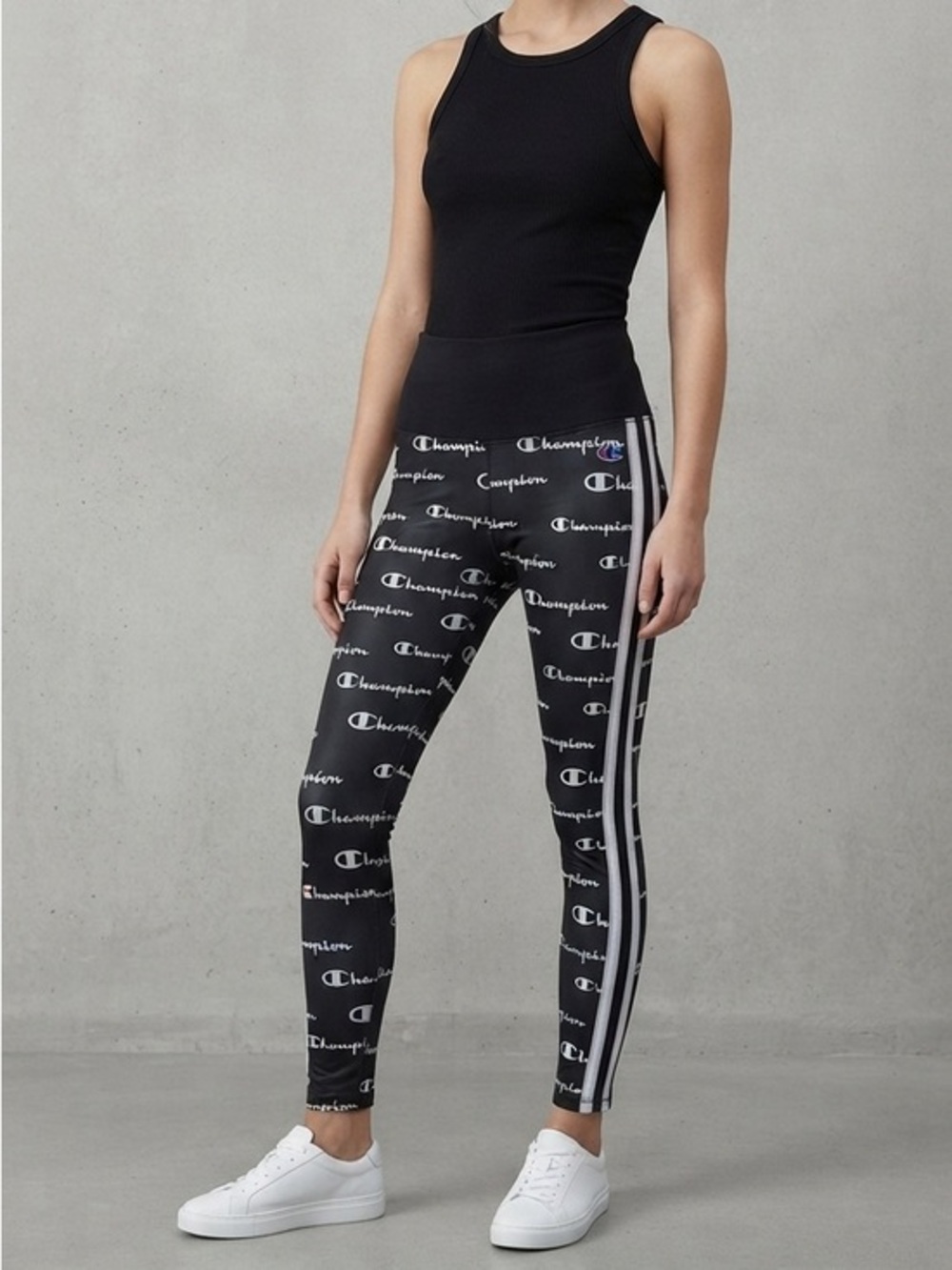 New Champion Black Highrise White Logo Allover Print Leggings Size Small